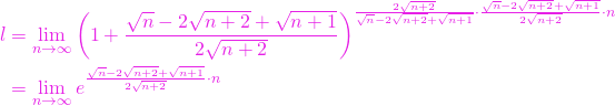 \begin{align*} l & =  \lim\limits_{n\to\infty} \left(1+\frac{\sqrt{n}-2\sqrt{n+2}+\sqrt{n+1}}{2\sqrt{n+2}}\right)^{\frac{2\sqrt{n+2}}{\sqrt{n}-2\sqrt{n+2}+\sqrt{n+1}} \cdot \frac{\sqrt{n}-2\sqrt{n+2}+\sqrt{n+1}}{2\sqrt{n+2}}\cdot n} \\ & =  \lim\limits_{n\to\infty} e^{\frac{\sqrt{n}-2\sqrt{n+2}+\sqrt{n+1}}{2\sqrt{n+2}}\cdot n} \end{align*}
